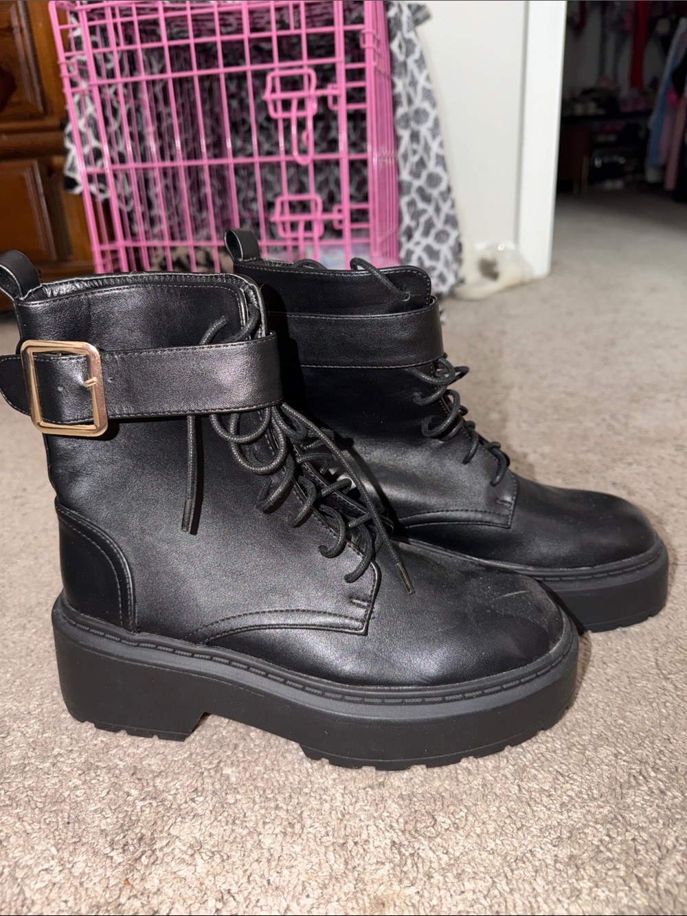 Billini Black Lace-Up Platform Combat Boots with Buckle Strap